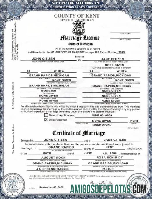 Realista modelo de certidão de casamento do estado dos EUA, Michigan, condado de Kent em formato PSD, totalmente editável